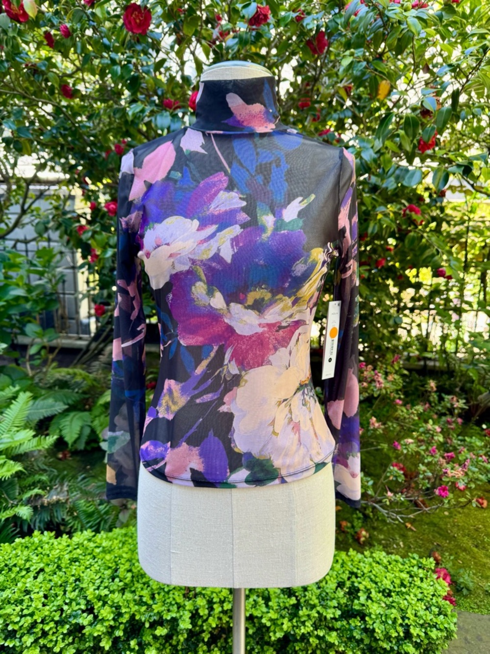 Aqua Purple Multi Floral Mock-Neck Mesh Long Sleeve Top - Picture 2 of 10